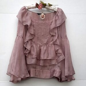 ZARA Silk Ruffled Bell Sleeve Blouse, Dusty Mauve
